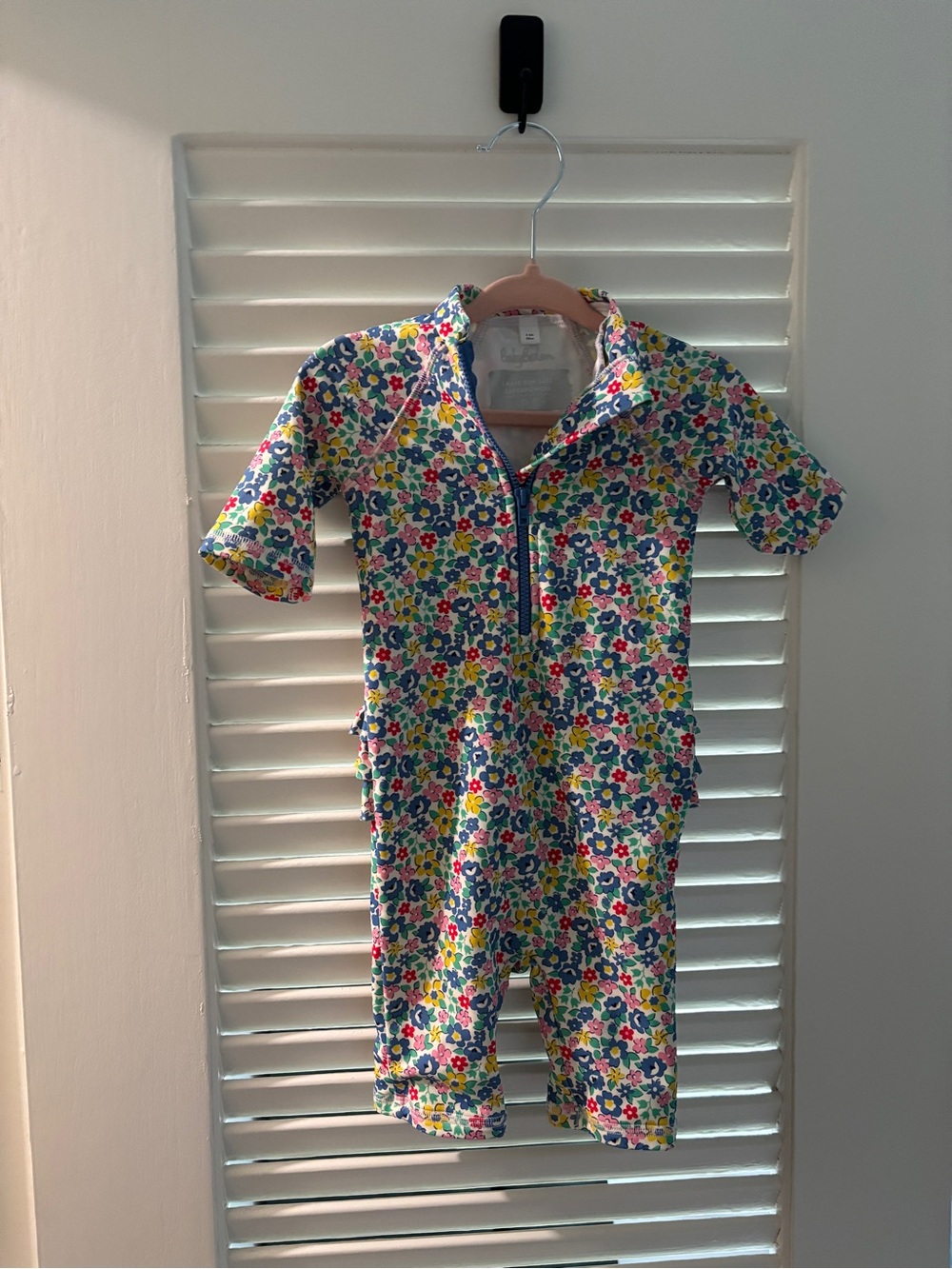 Baby Boden Floral Short-Sleeve Sunsuit in Blue, Yellow & Pink